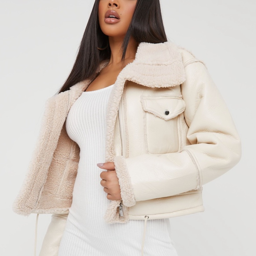 Medium- ego official Teddy Shearling a aviator jacket in cream nude leather